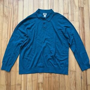 LL Bean Mens Long Sleeve Polo Sweater Teal Green Cotton Cashmere Blend XXL REG